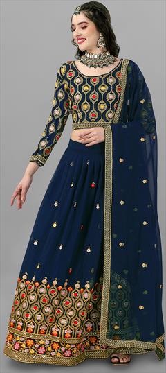 Festive, Reception Blue color Lehenga in Faux Georgette fabric with A Line Embroidered, Sequence work : 1862485