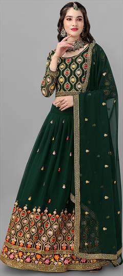 Festive, Reception Green color Lehenga in Faux Georgette fabric with A Line Embroidered, Sequence work : 1862488