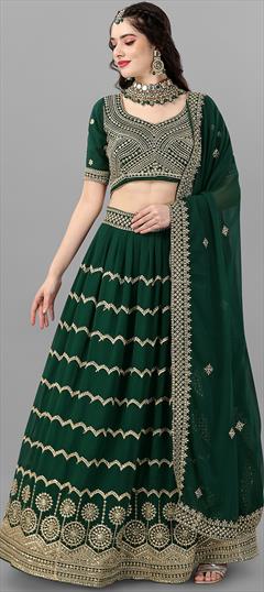 Festive, Reception Green color Lehenga in Faux Georgette fabric with A Line Embroidered, Sequence work : 1862489