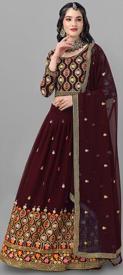 Festive, Reception Red and Maroon color Lehenga in Faux Crepe fabric with A Line Embroidered, Sequence work : 1862490