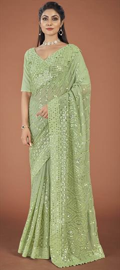 Party Wear Green color Saree in Georgette fabric with Classic Embroidered, Sequence, Thread work : 1862493
