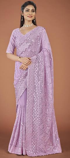 Party Wear Purple and Violet color Saree in Georgette fabric with Classic Embroidered, Sequence, Thread work : 1862496