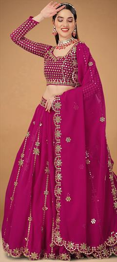 Engagement Pink and Majenta color Lehenga in Faux Georgette fabric with A Line Mirror, Sequence work : 1862501