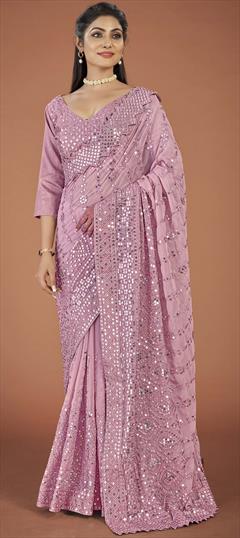 Party Wear Pink and Majenta color Saree in Georgette fabric with Classic Embroidered, Sequence, Thread work : 1862503