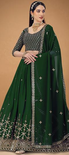 Engagement, Festive Green color Lehenga in Faux Georgette fabric with A Line Mirror, Sequence work : 1862505
