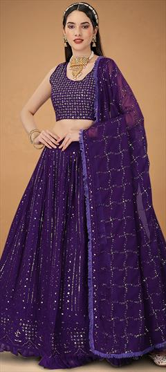 Engagement, Festive Purple and Violet color Lehenga in Faux Georgette fabric with A Line Mirror, Sequence work : 1862507