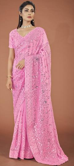 Party Wear Pink and Majenta color Saree in Georgette fabric with Classic Embroidered, Sequence, Thread work : 1862508