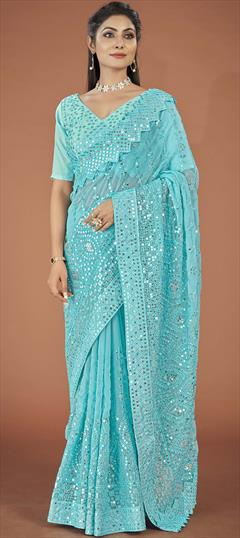 Party Wear Blue color Saree in Georgette fabric with Classic Embroidered, Sequence, Thread work : 1862513