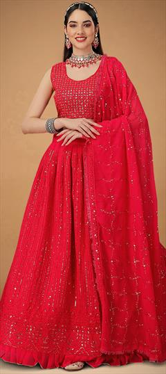 Engagement, Festive Red and Maroon color Lehenga in Faux Georgette fabric with A Line Mirror, Sequence work : 1862514