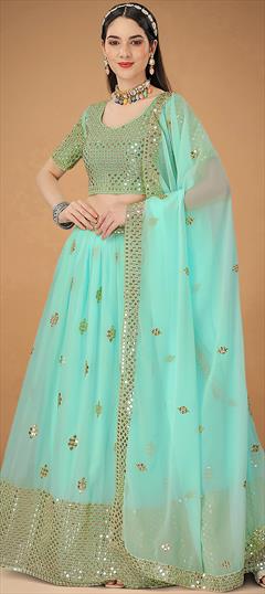 Reception, Wedding Blue color Lehenga in Georgette fabric with A Line Embroidered, Sequence, Thread work : 1862535