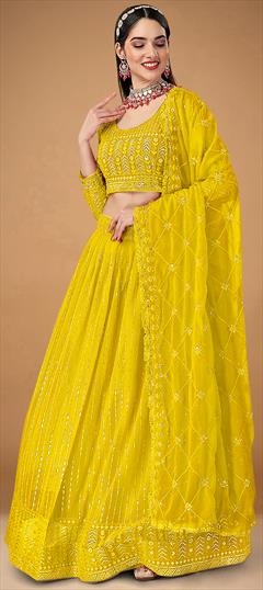 Reception, Wedding Yellow color Lehenga in Georgette fabric with A Line Embroidered, Sequence, Thread work : 1862543