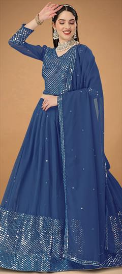Reception, Wedding Blue color Lehenga in Georgette fabric with A Line Embroidered, Sequence, Thread work : 1862548