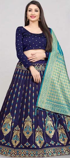 Festive Blue color Lehenga in Banarasi Silk fabric with A Line Weaving work : 1862549