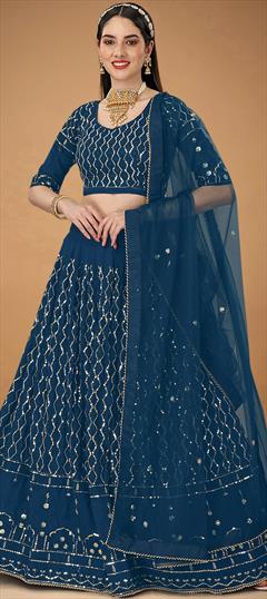 Reception, Wedding Blue color Lehenga in Georgette fabric with A Line Embroidered, Sequence, Thread work : 1862551