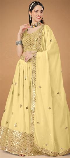 Reception, Wedding Yellow color Lehenga in Georgette fabric with A Line Embroidered, Sequence, Thread work : 1862554