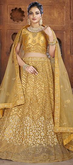 Engagement Yellow color Lehenga in Art Silk, Net fabric with A Line Fancy Work work : 1862569
