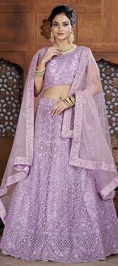 Engagement Purple and Violet color Lehenga in Art Silk, Net fabric with A Line Fancy Work work : 1862570