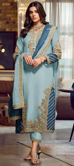 Party Wear Blue color Salwar Kameez in Faux Georgette fabric with Straight Embroidered, Thread, Zari work : 1862612