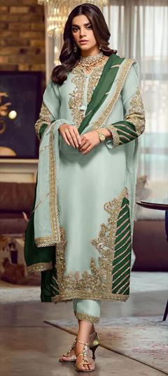 Party Wear Green color Salwar Kameez in Faux Georgette fabric with Straight Embroidered, Thread, Zari work : 1862620