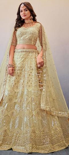 Reception White and Off White color Lehenga in Net fabric with A Line Mirror, Sequence, Thread work : 1862649