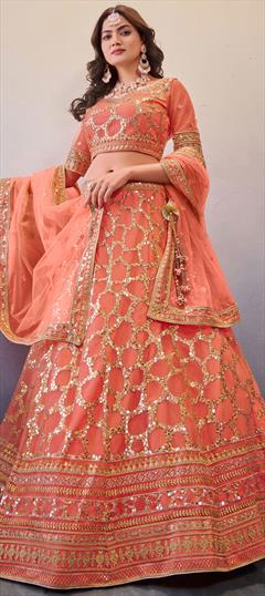 Reception Orange color Lehenga in Net fabric with A Line Mirror, Sequence, Thread work : 1862650