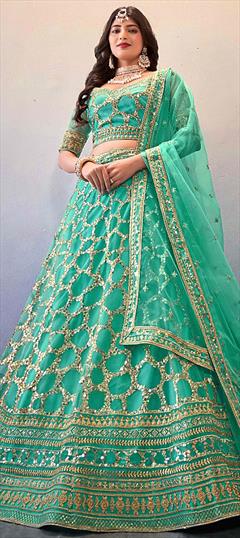 Reception Green color Lehenga in Net fabric with A Line Mirror, Sequence, Thread work : 1862651
