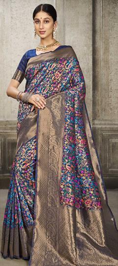Traditional Blue color Saree in Banarasi Silk fabric with Classic Printed, Weaving work : 1862658