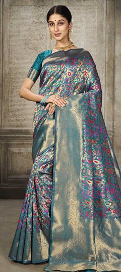Traditional Blue color Saree in Banarasi Silk fabric with Classic Printed, Weaving work : 1862660