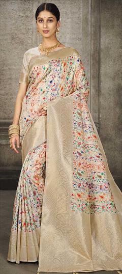 Traditional White and Off White color Saree in Banarasi Silk fabric with Classic Printed, Weaving work : 1862662