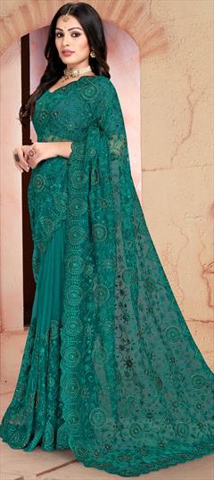 Party Wear Green color Saree in Net fabric with Classic Embroidered work : 1862679