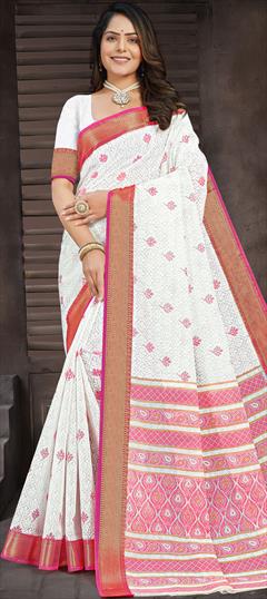 Casual, Traditional White and Off White color Saree in Cotton fabric with Bengali Printed work : 1862739