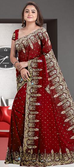 Festive, Reception Red and Maroon color Saree in Georgette fabric with Classic Cut Dana work : 1862748