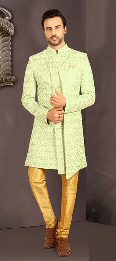 Green color IndoWestern Dress in Jacquard fabric with Weaving work : 1862777