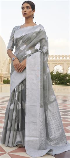 Festive, Traditional Black and Grey color Saree in Banarasi Silk fabric with South Weaving work : 1862785