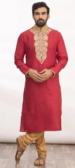 Red and Maroon color Kurta Pyjamas in Art Silk fabric with Aari work : 1862838