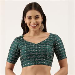 Green color Blouse in Silk fabric with Mirror, Thread work : 1862895