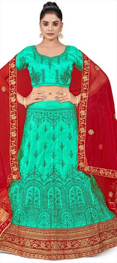 Reception Green color Lehenga in Satin Silk, Velvet fabric with A Line Embroidered, Stone work : 1863176