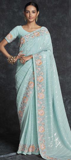 Mehendi Sangeet, Reception, Wedding Blue color Saree in Georgette fabric with Classic Embroidered, Sequence, Thread work : 1863198