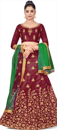 Festive, Reception Red and Maroon color Lehenga in Silk fabric with A Line Embroidered, Stone, Thread, Zari work : 1863322