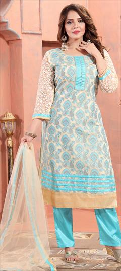 Festive, Party Wear Blue color Salwar Kameez in Brocade, Silk fabric with Straight Resham, Thread, Weaving work : 1863364