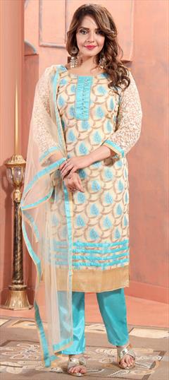 Festive, Party Wear Blue color Salwar Kameez in Brocade, Silk fabric with Straight Resham, Thread, Weaving work : 1863368