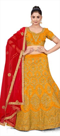 Festive, Reception Yellow color Lehenga in Silk fabric with A Line Embroidered, Stone, Thread, Zari work : 1863406