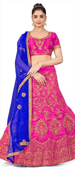 Festive, Reception Pink and Majenta color Lehenga in Silk fabric with A Line Embroidered, Stone, Thread, Zari work : 1863410
