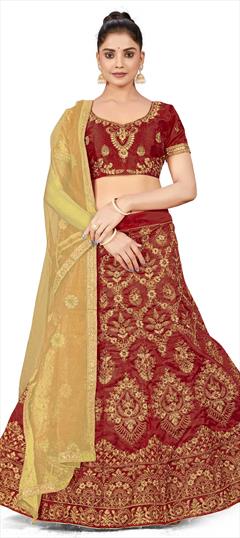 Festive, Reception Red and Maroon color Lehenga in Silk fabric with A Line Embroidered, Stone, Thread, Zari work : 1863413