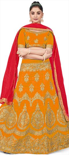 Festive, Reception Yellow color Lehenga in Art Silk fabric with A Line Embroidered, Stone, Thread, Zari work : 1863423