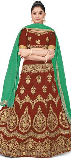 Festive, Reception Red and Maroon color Lehenga in Art Silk fabric with A Line Embroidered, Stone, Thread, Zari work : 1863425
