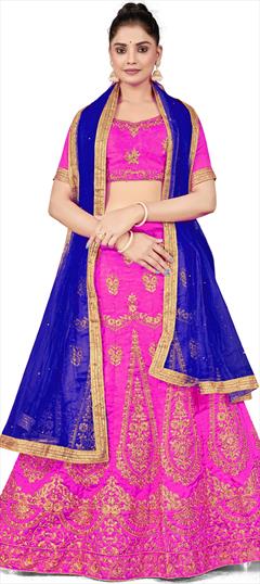 Festive, Party Wear Pink and Majenta color Lehenga in Art Silk fabric with A Line Embroidered, Stone, Thread, Zari work : 1863427