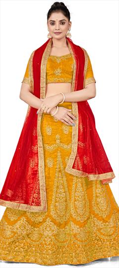 Festive, Party Wear Yellow color Lehenga in Art Silk fabric with A Line Embroidered, Stone, Thread, Zari work : 1863430