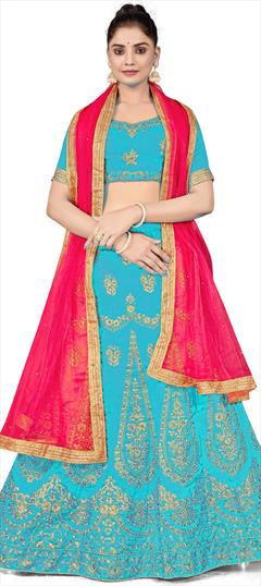 Festive, Party Wear Blue color Lehenga in Art Silk fabric with A Line Embroidered, Stone, Thread, Zari work : 1863432