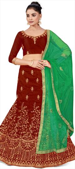 Festive, Reception Red and Maroon color Lehenga in Art Silk fabric with A Line, Elbow Sleeve Embroidered, Stone, Thread, Zari work : 1863437